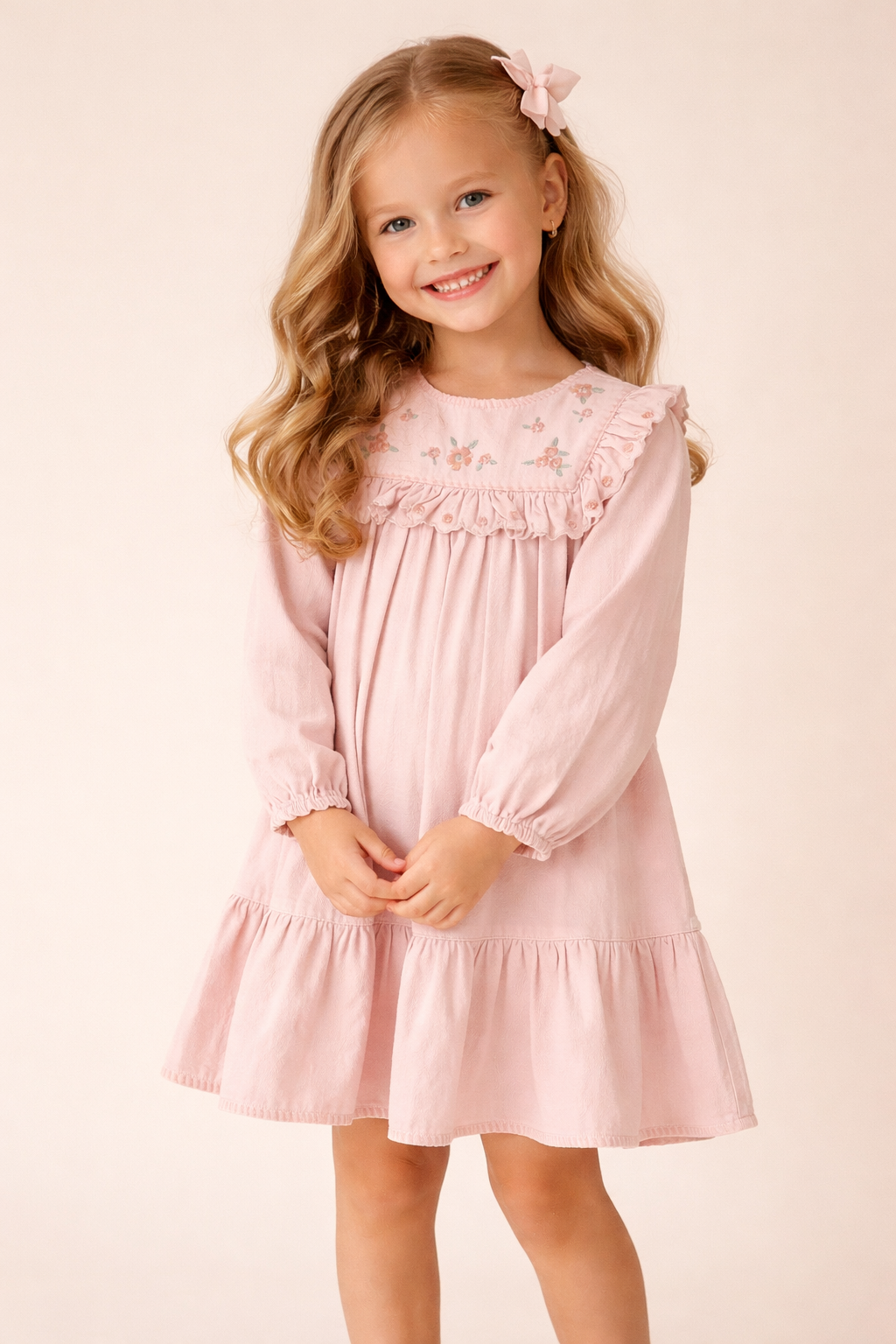 Giggles Floral Embroidered Long Sleeve Dress – Pink