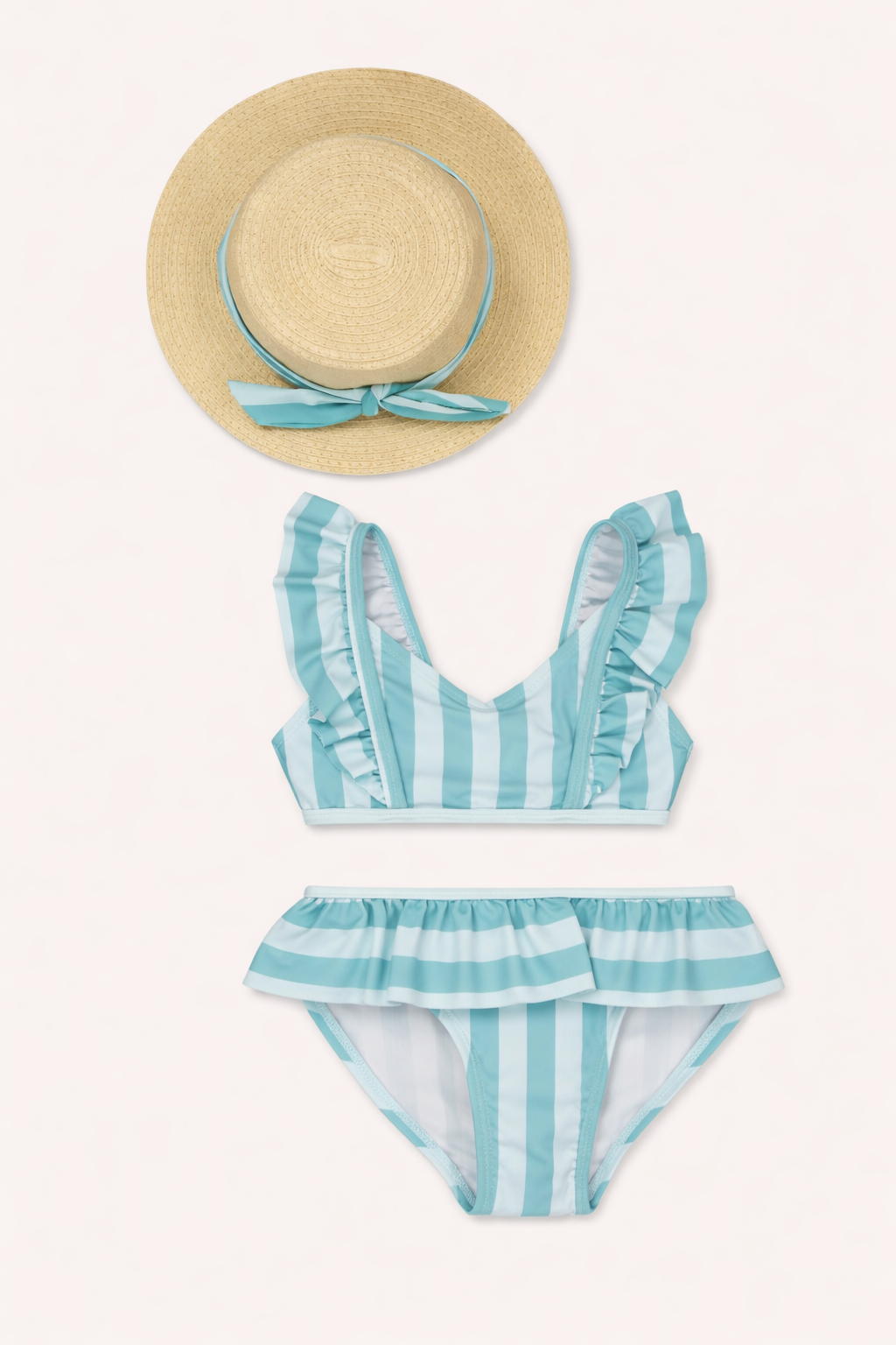 Striped Bikini Set with Sun Hat – Aqua Blue