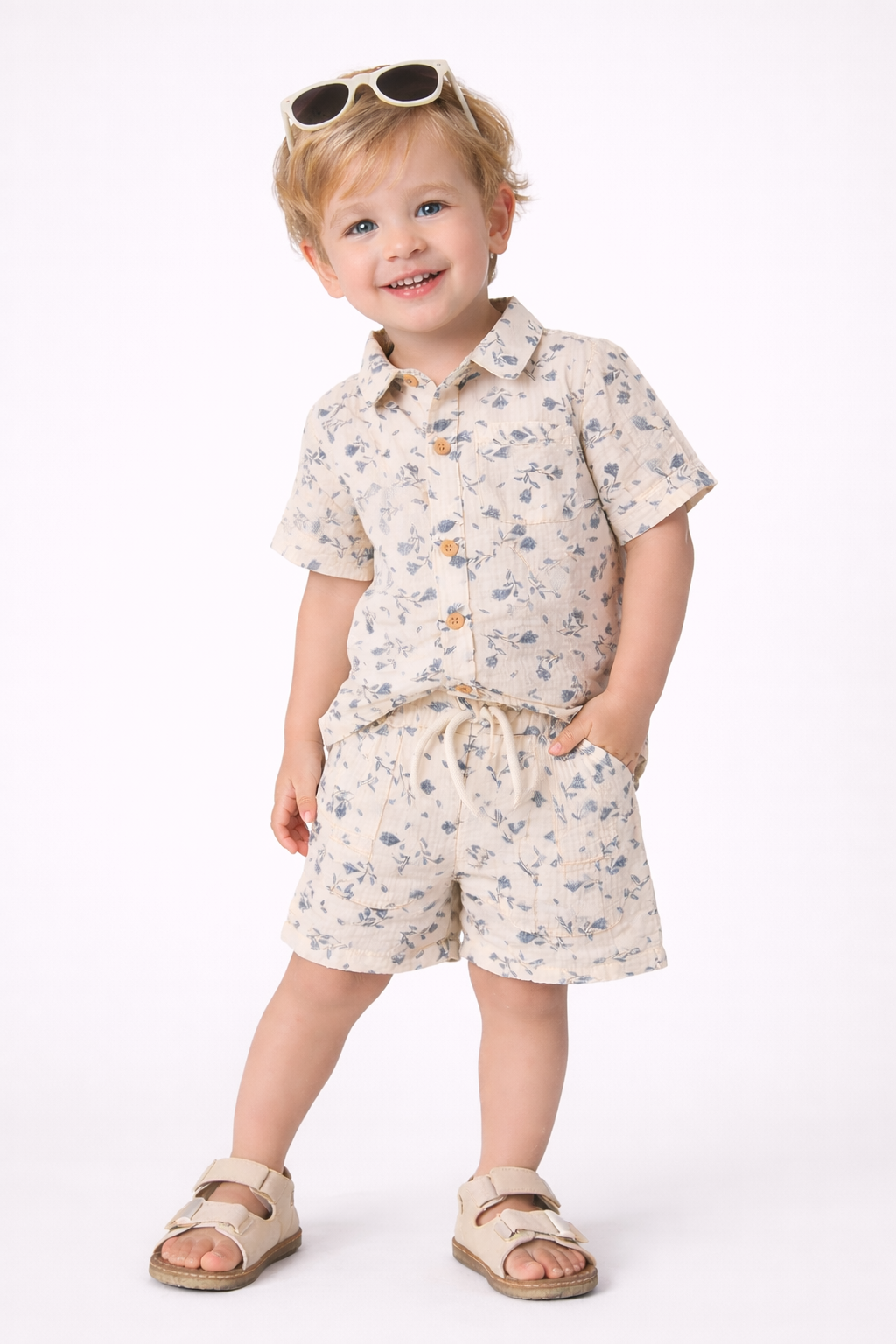 Floral Print Short Sleeve Shirt & Shorts Set – Beige