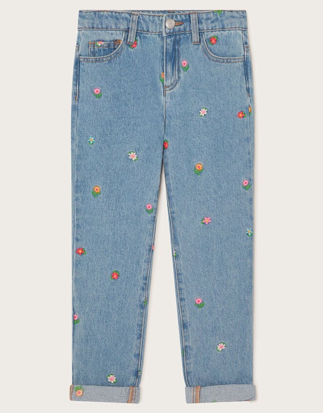 Floral embroidered straight jeans blue