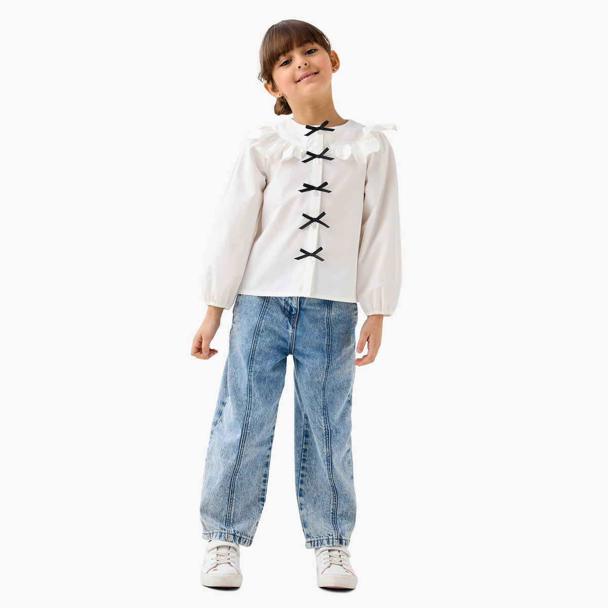 Bow Accent Top with Ruffles & Long Sleeves