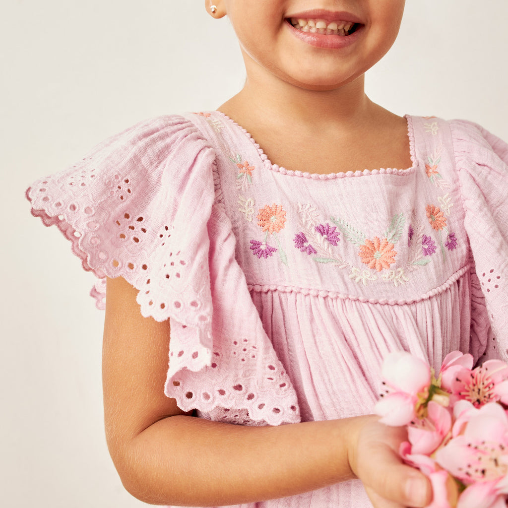 Girls Pink Embroidered Ruffle Sleeve Dress