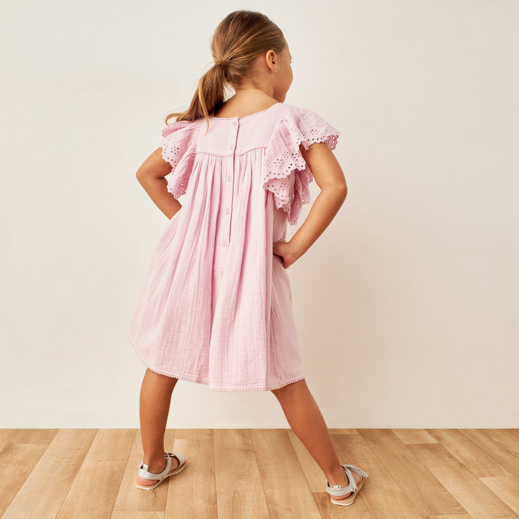 Girls Pink Embroidered Ruffle Sleeve Dress