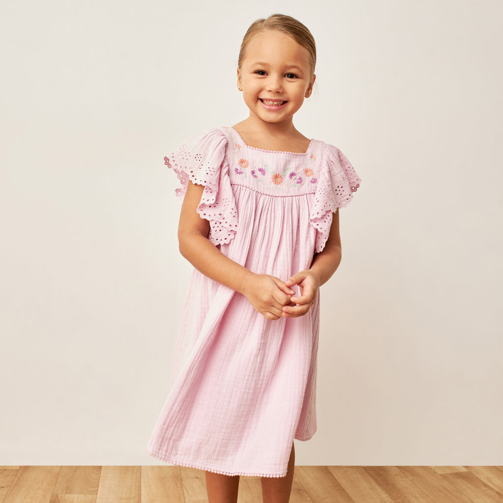 Girls Pink Embroidered Ruffle Sleeve Dress