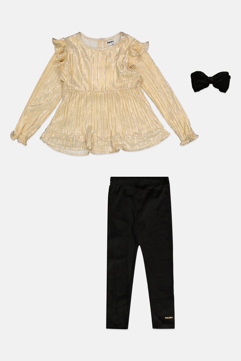 DKNY Girls Gold Pleated Top & Black Leggings Set with Bow