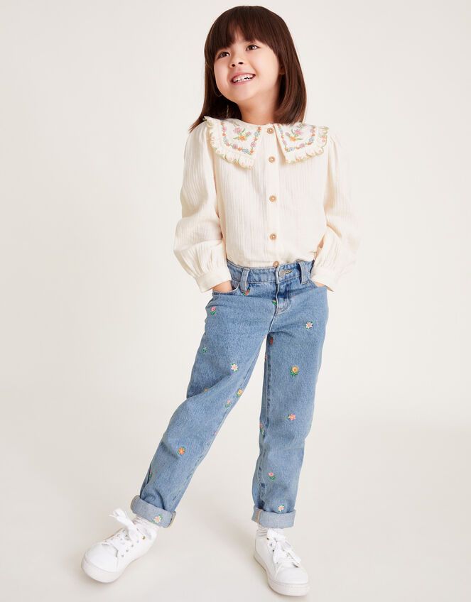 Floral embroidered straight jeans blue